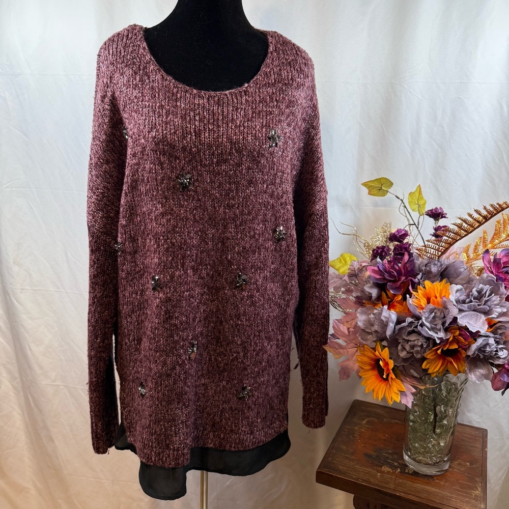 Jessica Simpson Mauve Knit Sweater w Beaded Embellishments Long Sleeve - Picture 1 of 9